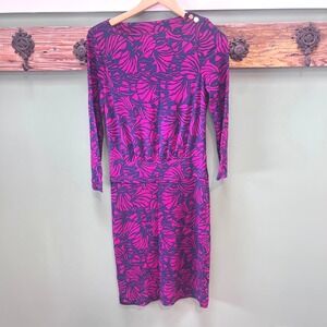 Tory Burch Etta Dress Navy Pink Leaf Print Long Sleeve Crew Neck‎ Size S